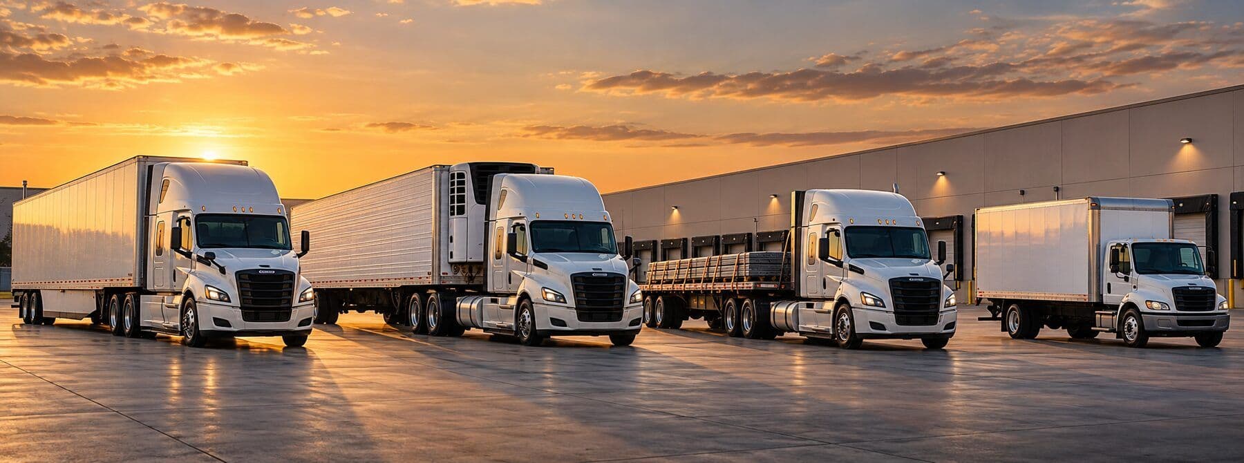 Dry van, reefer, flatbed and box truck equipment at a freight yard