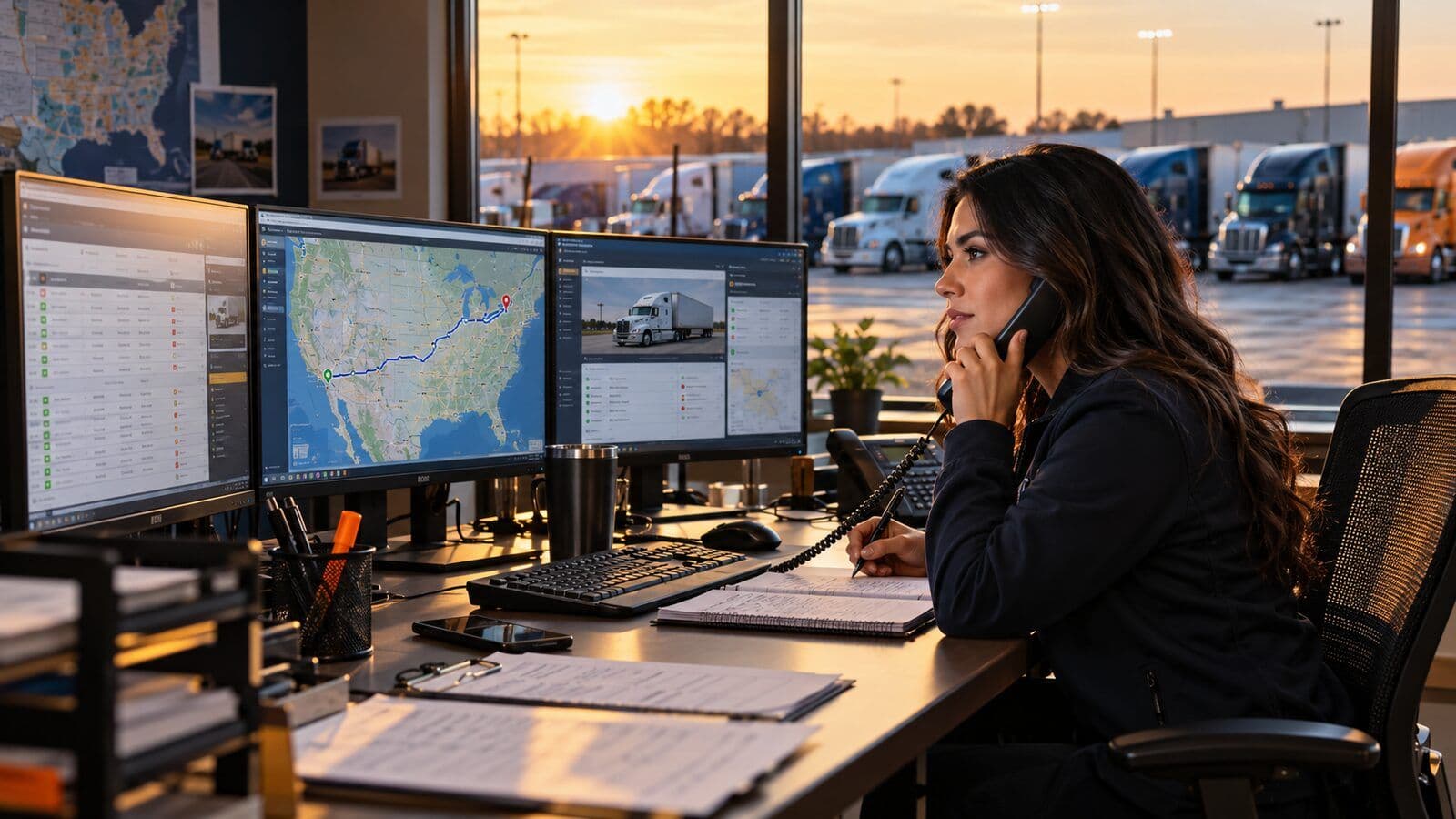 Truck dispatcher coordinating a carrier load by phone from an operations desk
