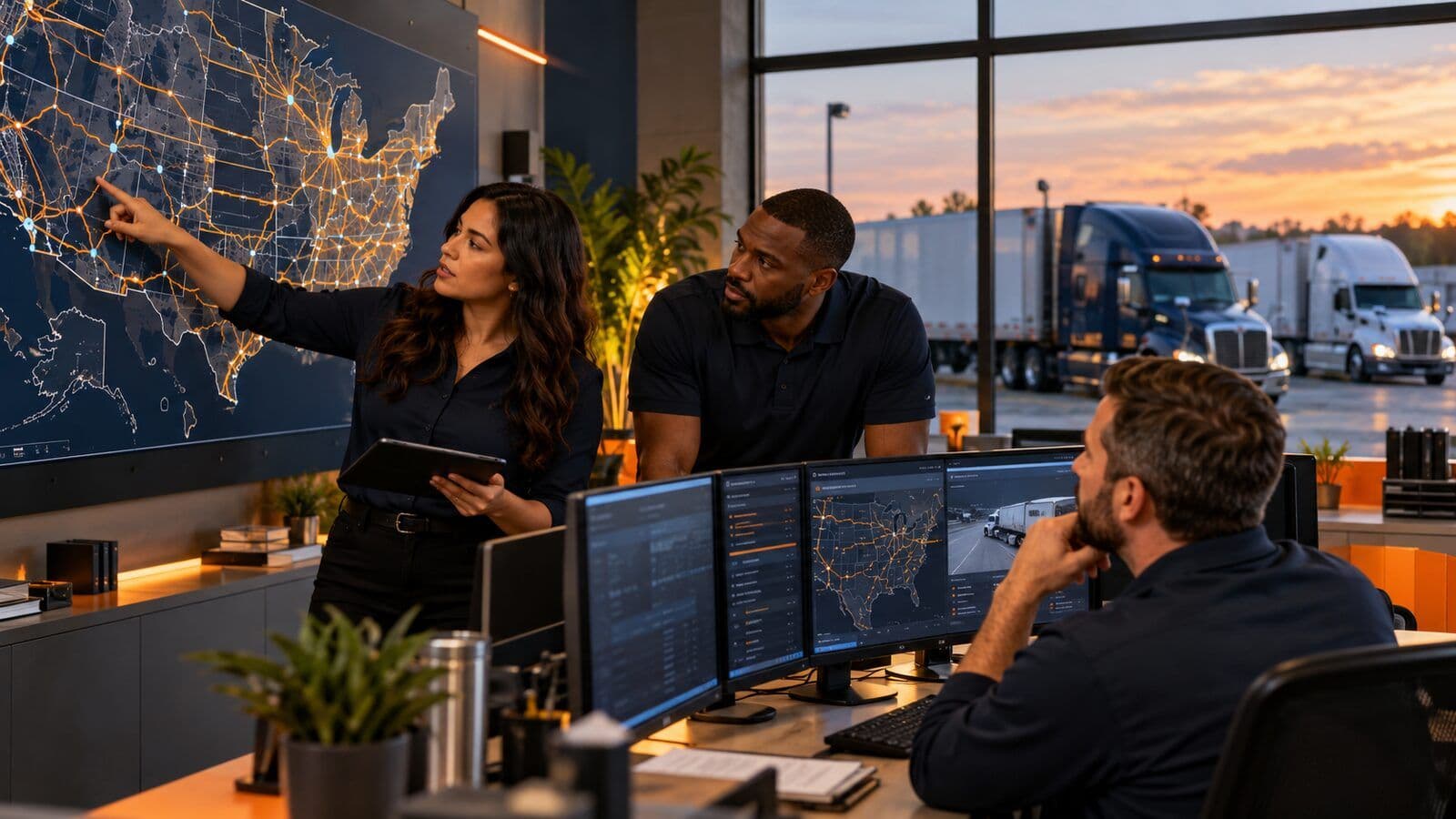 Professional dispatch team coordinating carrier routes in an operations room