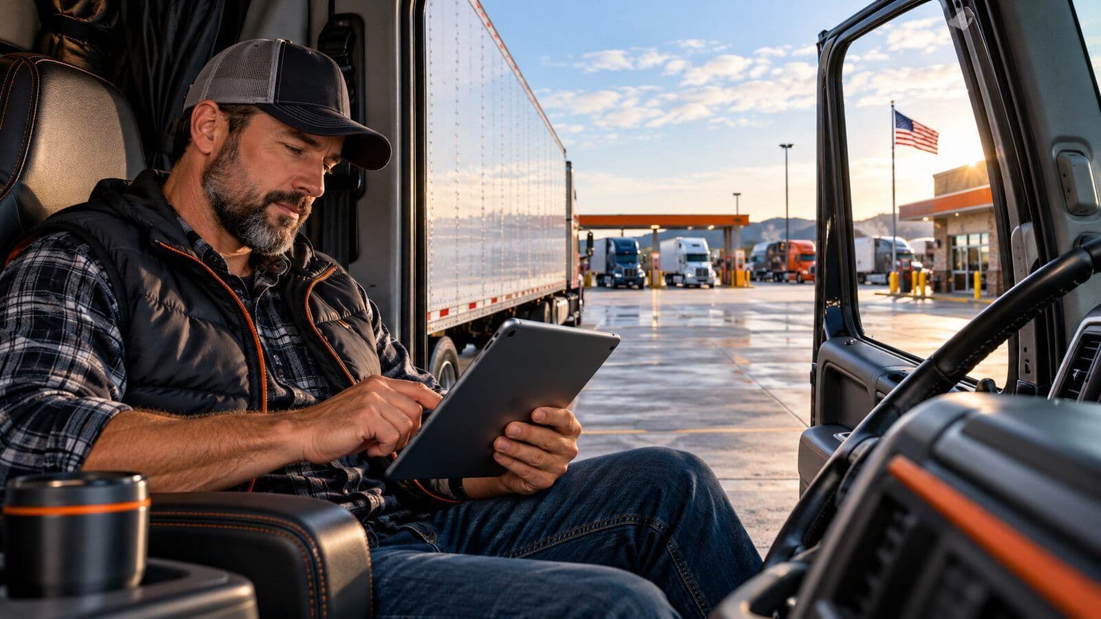 Owner-operator completing a carrier application from a truck cab